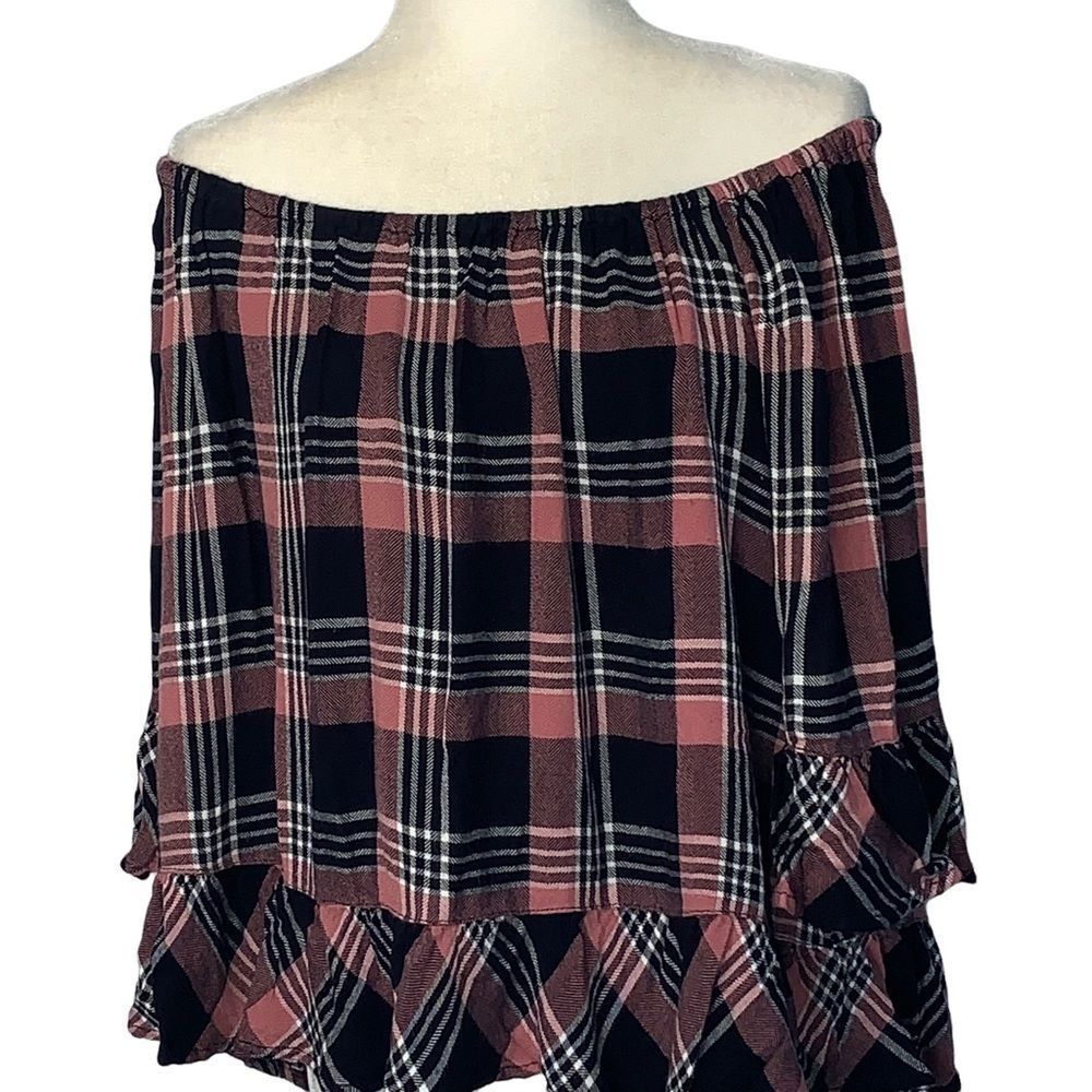 Beach Lunch Lounge Pink Black White Plaid Peplum Blouse Size XL